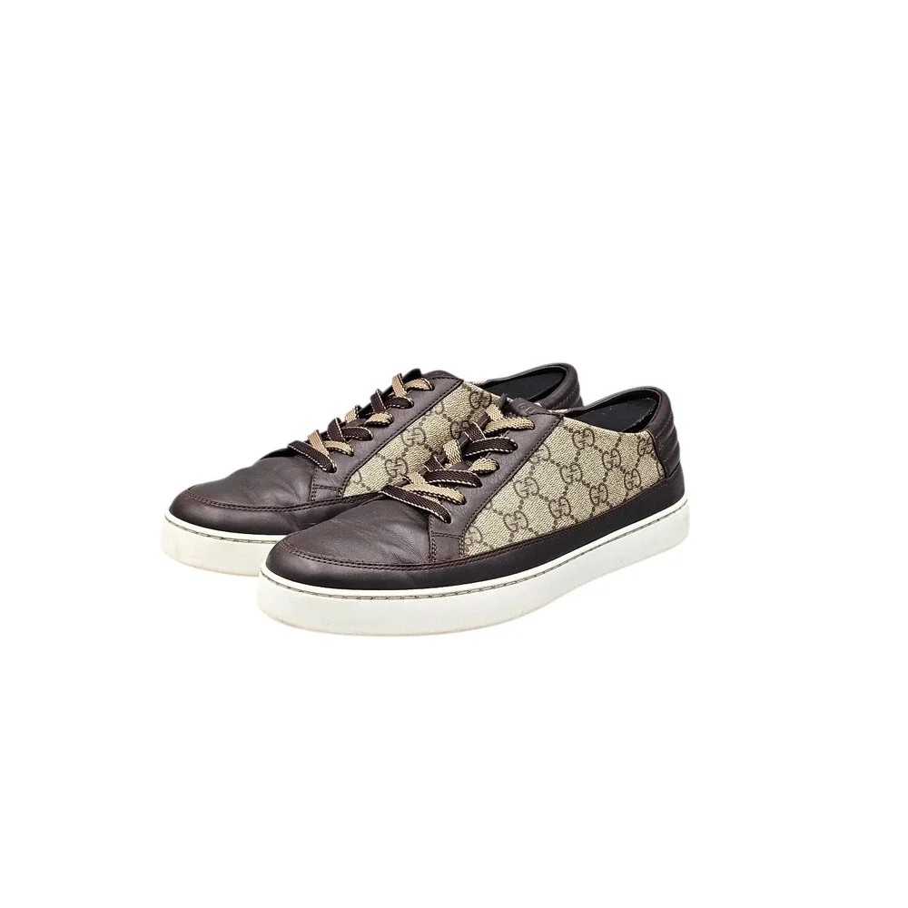 Gucci Mens GG Supreme Brown Leather Low Top Sneakers 411858 Size 9.5 US